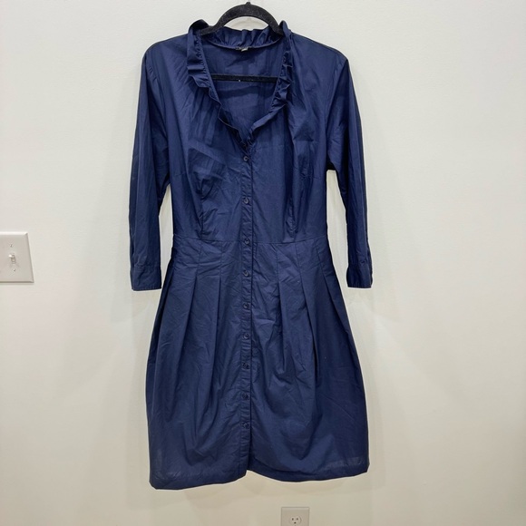 Talbots navy blue ruffle neck button-down, long sleeve shirt dress Sz 12 - Picture 1 of 6